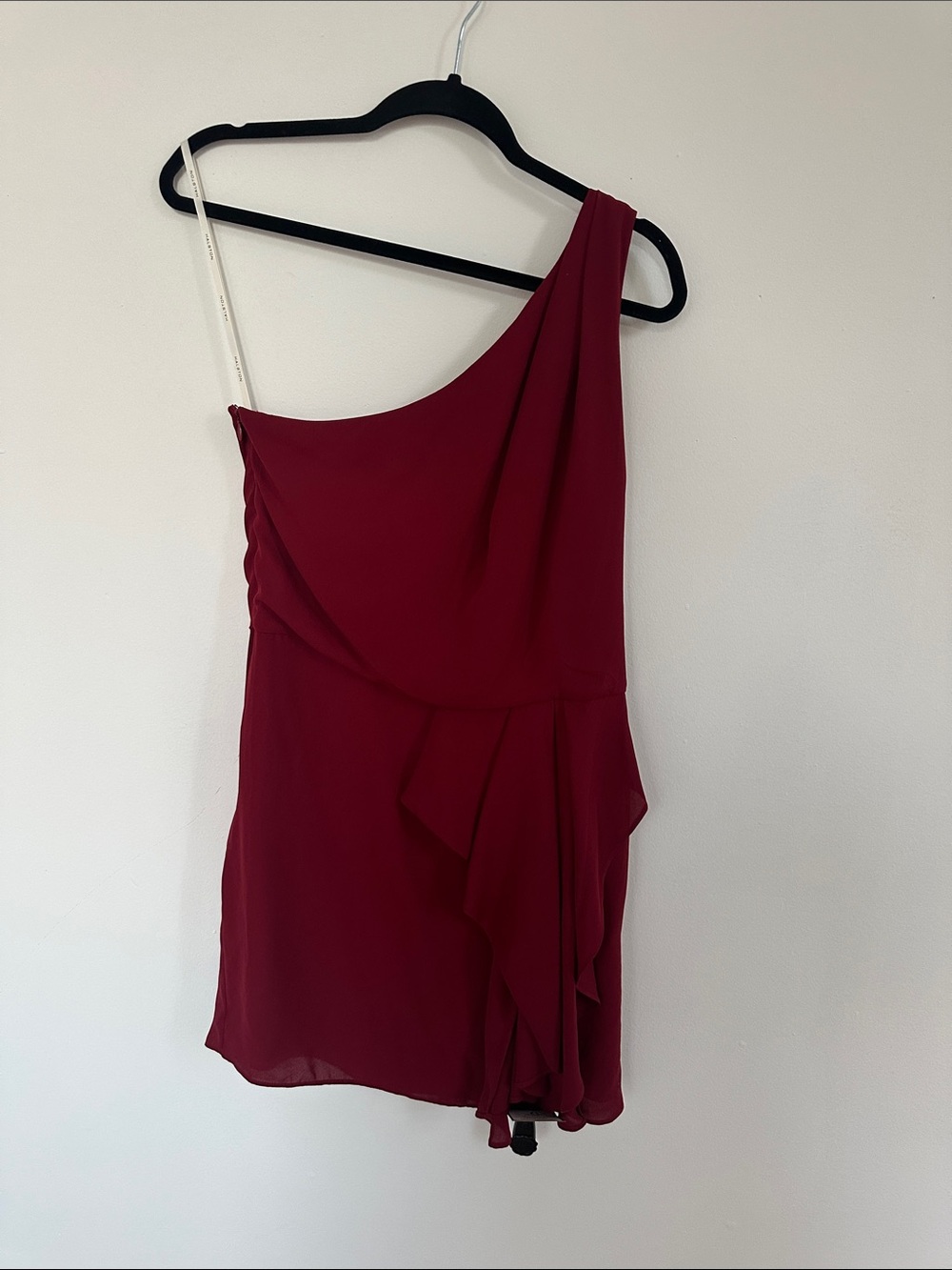 Halston Heritage One-Shoulder Burgundy Ruffle Dress